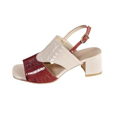 Imagem de Sandália feminina fashion casual primavera e verão confortável combinando cor bico quadrado bico aberto fivela uma linha salto grosso salto alto, Vinho vinho, 38