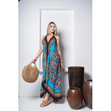 Imagem de Vestido Indiano Lenço Pontas Mandala Coloridos Cor:AzulTamanho:Unico -