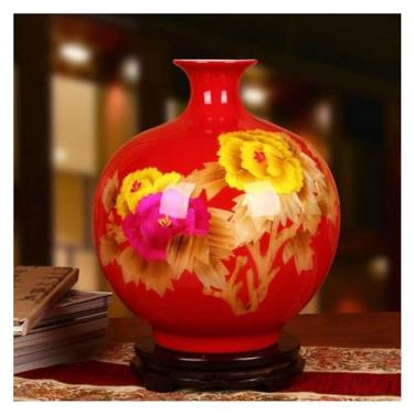 Imagem de Vaso de decoração de vaso vermelho rico flor peônia características diferentes excelente porcelana jingdezhen cerâmica capital decorações para casa