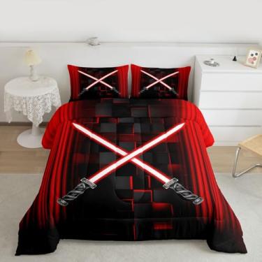 Imagem de Feelyou Conjunto de edredom infantil vermelho e preto com sabre de luz para meninos e adolescentes, tecnologia do futuro, conjunto de edredom geométrico, luxuoso, decoração de quarto