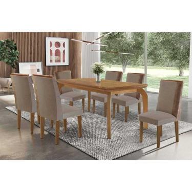 Imagem de Sala Jantar Mesa Londrina Tampo Curvo 180cm+6 Cadeiras Tilia Madeira Naturale - Capuccino/Suede Capuccino - Rufato