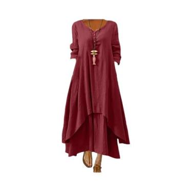 Imagem de Vestido longo solto feminino com botão, cor sólida, algodão, moda casu