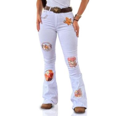 Imagem de Calça Jeans Feminina Branca Western Design Moda Country Cintura Alta F