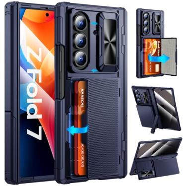 Imagem de Kaiiecal Capa para Samsung Galaxy Z Fold 7 com suporte para cartões [capa da câmera] [bloqueio RFID] [capa de dobradiça] [suporte duplo] capa protetora de silicone durável para Z Fold 7 2025, azul