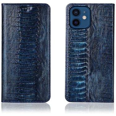 Imagem de KANUZ Capa de telefone clamshell para Apple iPhone 12 (2020) 6,1 polegadas, capa de couro magnético flip à prova de choque com função de suporte e slot para cartão (textura do pé de avestruz) (cor: azul)