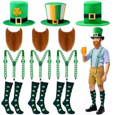 Imagem de Yearntown Conjunto de 9 peças de fantasia masculina de Dia de São Patrício, meias irlandesas, suspensórios, acessórios para fantasia do dia de São Patrício, para adultos, festivais irlandeses, cosplay