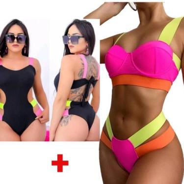 Imagem de Biquini Neon Tiras Grossa+ Maiô Com Bojo Neon Lançamen Verão - Rv Moda