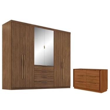 Imagem de Cômoda e Guarda Roupa Casal Giardino 6 Gavetas Nogueira Touch com Espe