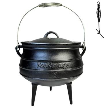 Imagem de Caldeirão de ferro fundido pré-temperado de 8 litros - Pote de potjie africano com tampa - Panela de 3 pernas para distribuição uniforme de calor - Panelas de forno holandês de ferro fundido ao ar