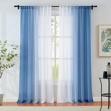 Imagem de Cortinas transparentes ombré azul de 227 cm de comprimento para decoração de sala de estar e quarto, conjunto de 2 painéis de cortina de chiffon enrugados gradiente para quarto de meninas, cortinas