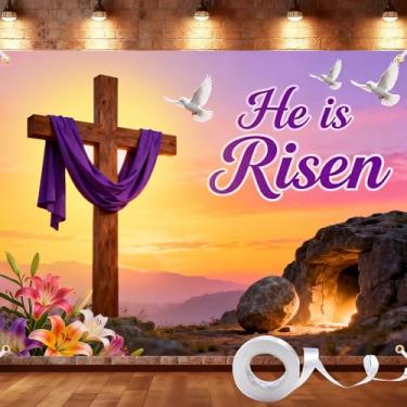 Imagem de PURYOUNY Banner de fundo de Páscoa de 2,8 x 1,8 m - Fundo de domingo da ressurreição com lírios e luz, cenários de Páscoa para serviço na igreja, festa de primavera e cabine de fotos, fita e ilhós