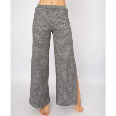 Imagem de Calça Flare Pantalona Vekyo Cintura Alta Com Fenda, G, Cinza, Feminino