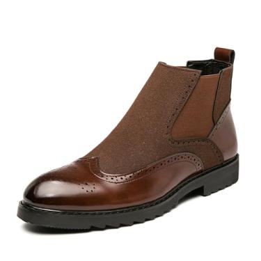 Imagem de Botas masculinas de couro PU sem cadarço Brogue Chelsea, Marrom, 42 BR