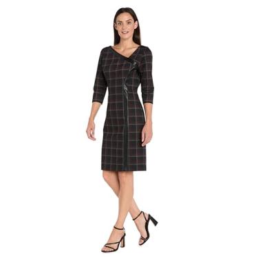 Imagem de R&M Richards Vestido feminino com decote assimétrico | Manga 3/4 Xadrez Bodycon com Acabamento em Couro Sintético | Trabalho Negócios Casual, Vermelho/Multi, 54