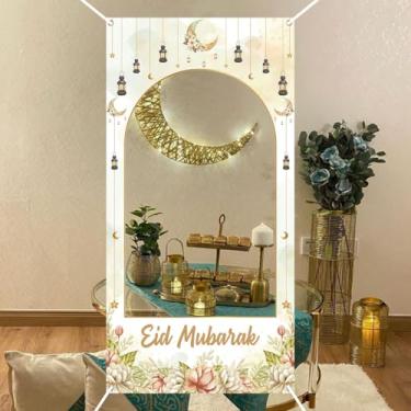 Imagem de Pano de fundo fotográfico Eid Mubarak, faixa de fundo de festa com design de lanterna de lua aquarela, fundo de cabine de fotos do Ramadã para decoração de casa interna muçulmana, suprimentos de festa