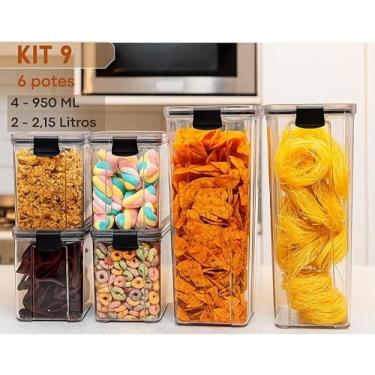 Imagem de Kit Pote Hermético Organizador de Mantimentos e Temperos para Cozinha, Armário e Geladeira Slim Transparente com Tampa Vedada (KIT 9-6 POTES SLIM)
