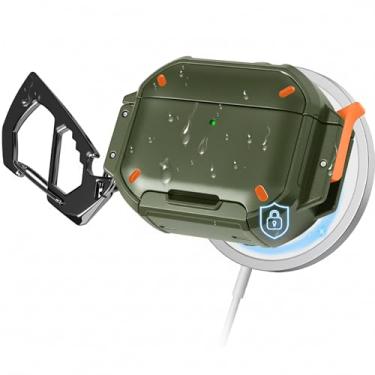 Imagem de MOLOVA Capa para AirPods Pro 3 com trava e mosquetão, [proteção de nível militar] [IP68 à prova d'água] [suporta carregamento sem fio] capa rígida antiarranhões para AirPods Pro 3ª geração, verde