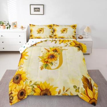 Imagem de jejeloiu Conjunto de edredom Queen com estampa floral, amarelo, inicial J, para crianças, meninos, meninas, girassol, decoração de quarto, microfibra, 3 peças com 2 fronhas
