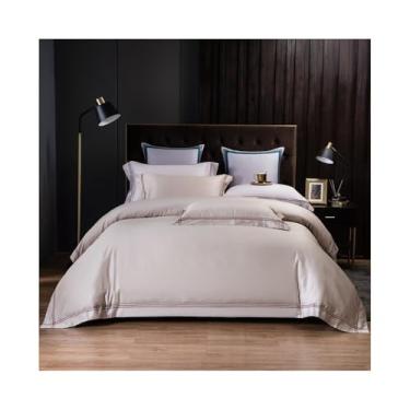 Imagem de Conjunto de capa de edredom bordado de luxo 4 peças de algodão macio nórdico cor sólida suave para a pele (bege, tamanho Queen, 4 peças)