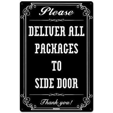 Imagem de Placa de metal de alumínio para decoração de parede de 20 x 30 cm, entregue todos os pacotes na porta lateral para o motorista de entrega - Placa de instruções de entrega para meus pacotes, preto e