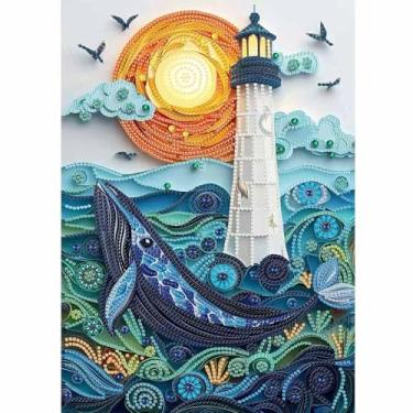 Imagem de ZQEATRY Kits de arte de diamante de formato especial de farol da lua para adultos iniciantes, kit de pintura de diamante de cristal golfinho marinho DIY para adultos, pintura artística de diamante 5D