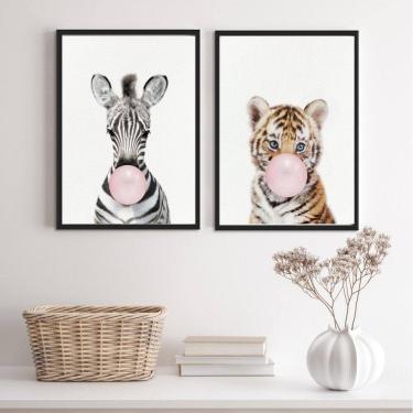Imagem de Kit 2 Quadros Girafa Tigre 24x18cm - Vidro e Moldura Preta