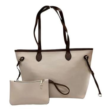 Imagem de Bolsa Sacola Feminina Grande de Ombro e Mão em Couro para Faculdade com Necessaire Inclusa (Creme e Caramelo)