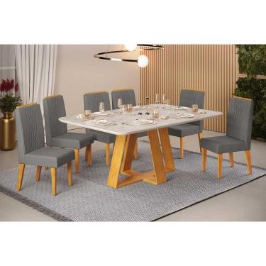 Imagem de Conjunto: Mesa de Cozinha Celeste c/ Tampo Madeirado Retangular 170x90cm e 6 Cadeiras Lia Cedro/Quartzo - Suede Lunar - DJ Móveis