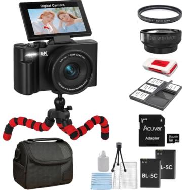 Imagem de Câmera digital 4K/5K – Câmera vlogging de 75 MP para YouTube, tela flip de 180°, zoom 18X, WiFi – Kit Pro preto com cartão de 64 GB, tripé, capa, lente macro/larga e filtro UV