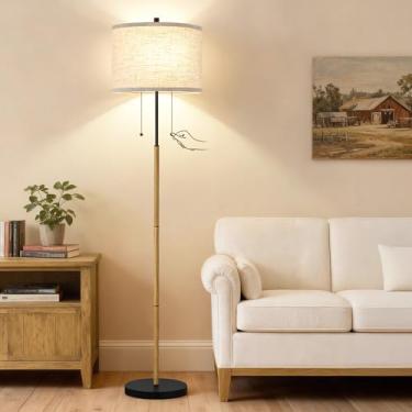 Imagem de Luvkczc Luminária de chão, luminária de pé de 152 cm com abajur de tecido e corrente de puxar Canto para sala de estar, quarto, escritório (soquete de 2 lâmpadas de grão de madeira)