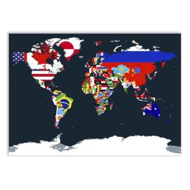 Imagem de Placa Decorativa Mapa Mundi Bandeiras Países Decoração Poster Quarto Sala