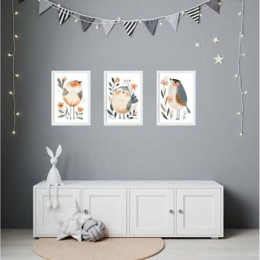 Imagem de Kit 3 Quadros Quarto Infantil Tema Passarinhos 33X24Cm