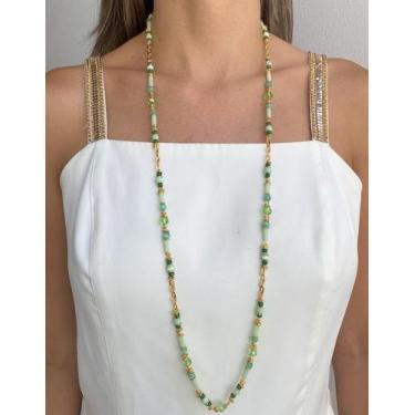 Imagem de Colar Longo Verde com Cristais e Olho de Gato - Acessório Feminino Art
