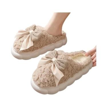 Imagem de Chinelos De Inverno Femininos Quentes Com Pelúcia, Laço Fofo, Antiderr