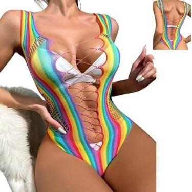 Imagem de Body Feminino Colorido Arco Íris Arrastão Confortável Look Festa Balad