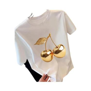 Imagem de Camiseta Feminina Com Estampa De Cereja Dourada, Gola Redonda E Manga 