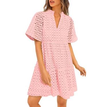 Imagem de Vestido feminino PRETTYGARDEN, manga curta, decote em V, ilhó, rosa