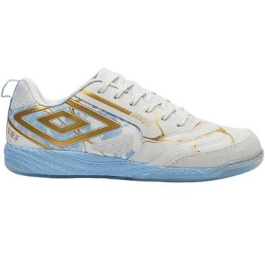 Imagem de Tênis Umbro Futsal Pro 5 Bump Kintsugi Masculino, Branco, Azul, 40