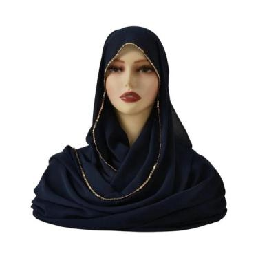 Imagem de Lenço Hijab De Chiffon Com Strass Para Mulheres, Xale Elástico Liso, F