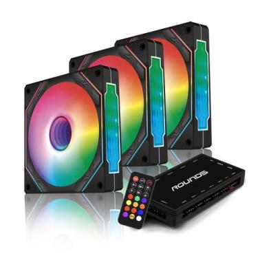 Imagem de Kit 3 fan 120mm round5 aurora forward com controladora argb preto r5-k