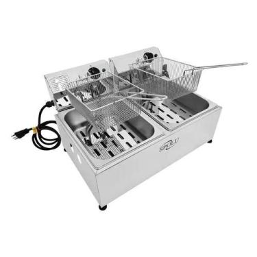 Imagem de Fritadeira Elétrica Industrial Bancada 2 Cubas 12L Óleo Aço Inox 3000W
