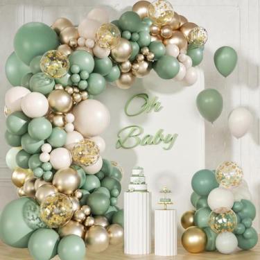 Imagem de Kit de arco de balões Jumcew 141 peças verde sálvia, dourado e branco