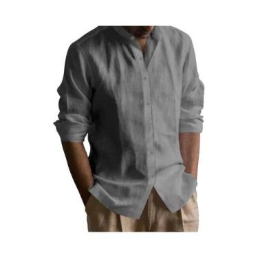 Imagem de Camisa Henley Masculina Slim Fit Em Algodão E Linho, Leve, Respirável,