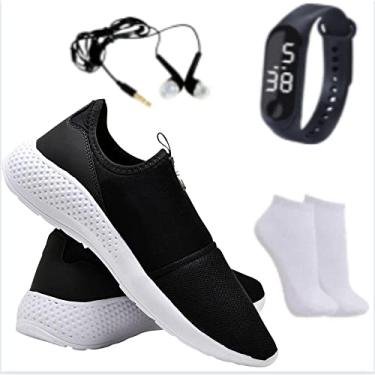 Imagem de Tênis Sapatilha Caminhada Neoprene Leve Macia Confortável Academia Fitness + Relógio + Meia + Fone - Preto+branco - 43