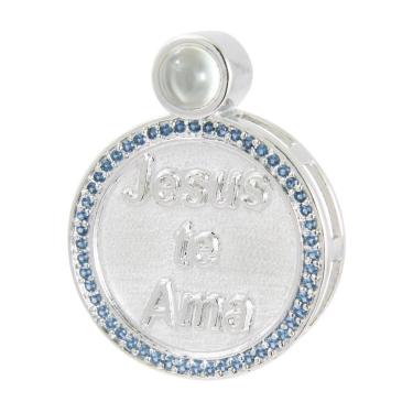 Imagem de Pingente Prata c/ Ródio Neo Crystal Círculo Jesus Te Ama com Zircônia 28x22mm