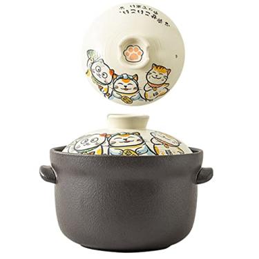 Imagem de Caçarola de cerâmica com tampa, panela de argila estilo japonês panela de sopa redonda panelas de cerâmica resistentes ao calor, para cozinha e cozinhar, forno, máquina de lavar louça e micro-ondas, gato, 4,5L