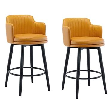 Imagem de Banqueta de Balcão de Cozinha Redonda com Pés de Metal Preto e Apoio de Pés Redondo Preto Estofado Assento de Couro Napa para Cozinha/sala de Jantar/sala de Estar Conjunto de 2 (Color : Orange)