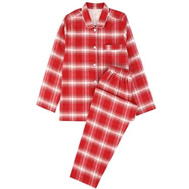 Imagem de Conjunto de pijama Loungewear pijamas algodão ultramacio conjunto de calças de pijama feminino camisola grade listrado confortável duas peças, vermelho, M (165 cm/55 kg)