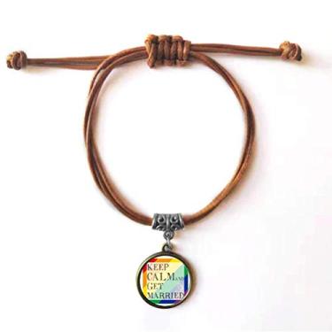 Imagem de DIYthinker Pulseira de couro com a bandeira do arco-íris Get Married da LGBT, pulseira marrom para presente