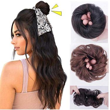Imagem de Extensões de coque de cabelo humano Messy Scrunchies Donut s peruca rabo de cavalo apertado para mulheres ondulado preto escuro